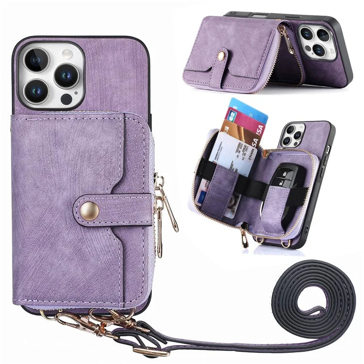D3 For iPhone 16 Pro Case Zipper Card Holder PU Leather Phone Back Cover with Long Strap