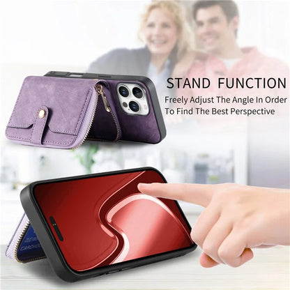 D3 For iPhone 16 Pro Case Zipper Card Holder PU Leather Phone Back Cover with Long Strap