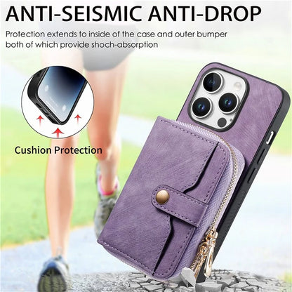 D3 For iPhone 16 Pro Case Zipper Card Holder PU Leather Phone Back Cover with Long Strap