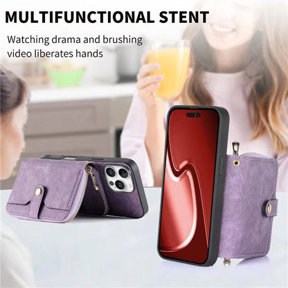 D3 For iPhone 16 Pro Case Zipper Card Holder PU Leather Phone Back Cover with Long Strap