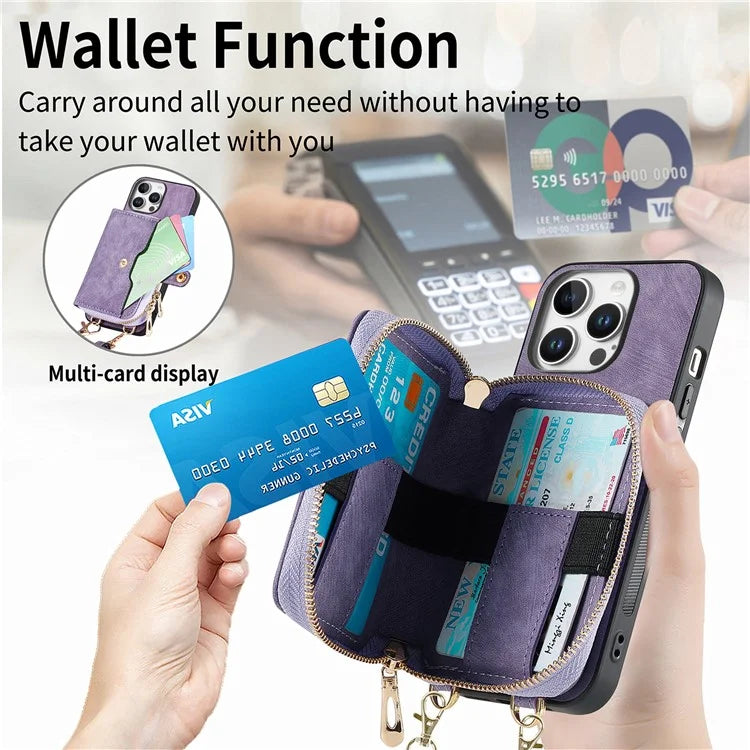 D3 For iPhone 16 Pro Case Zipper Card Holder PU Leather Phone Back Cover with Long Strap