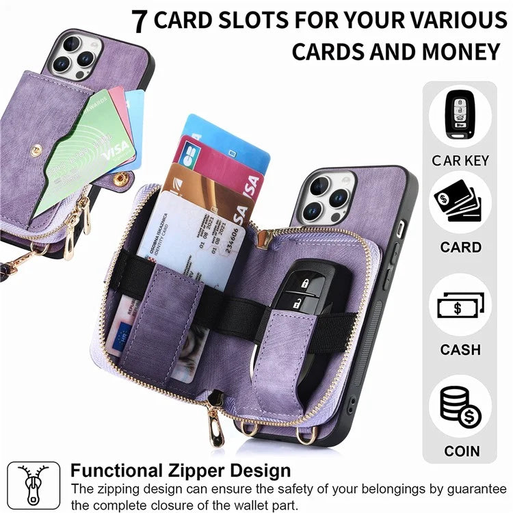 D3 For iPhone 16 Pro Case Zipper Card Holder PU Leather Phone Back Cover with Long Strap