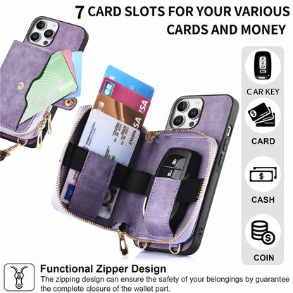 D3 For iPhone 16 Pro Case Zipper Card Holder PU Leather Phone Back Cover with Long Strap
