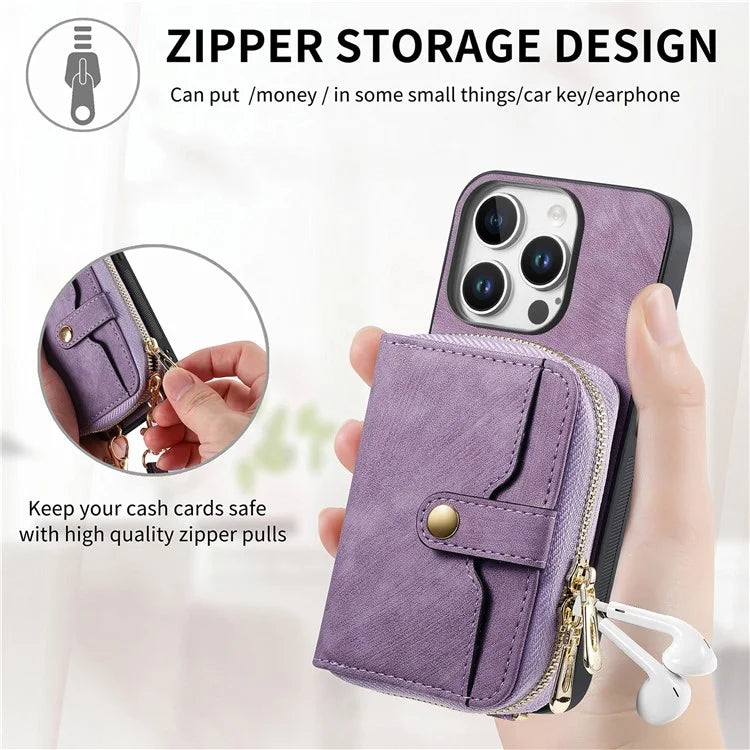 D3 For iPhone 16 Pro Case Zipper Card Holder PU Leather Phone Back Cover with Long Strap