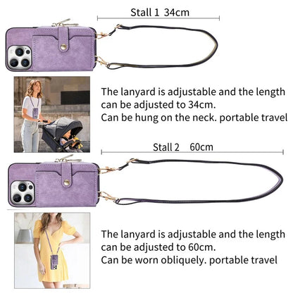D3 For iPhone 16 Pro Case Zipper Card Holder PU Leather Phone Back Cover with Long Strap