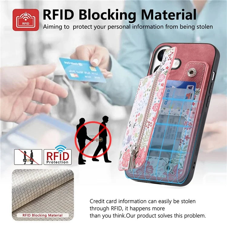 D10 For iPhone 16 Plus Case Pattern Kickstand Wallet Leather+TPU Phone Cover RFID Blocking