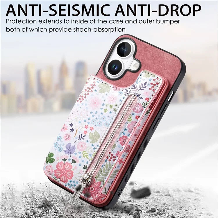 D10 For iPhone 16 Plus Case Pattern Kickstand Wallet Leather+TPU Phone Cover RFID Blocking
