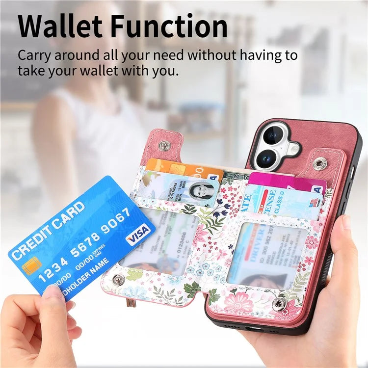 D10 For iPhone 16 Plus Case Pattern Kickstand Wallet Leather+TPU Phone Cover RFID Blocking