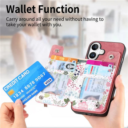 D10 For iPhone 16 Plus Case Pattern Kickstand Wallet Leather+TPU Phone Cover RFID Blocking