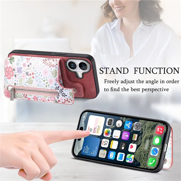 D10 For iPhone 16 Plus Case Pattern Kickstand Wallet Leather+TPU Phone Cover RFID Blocking