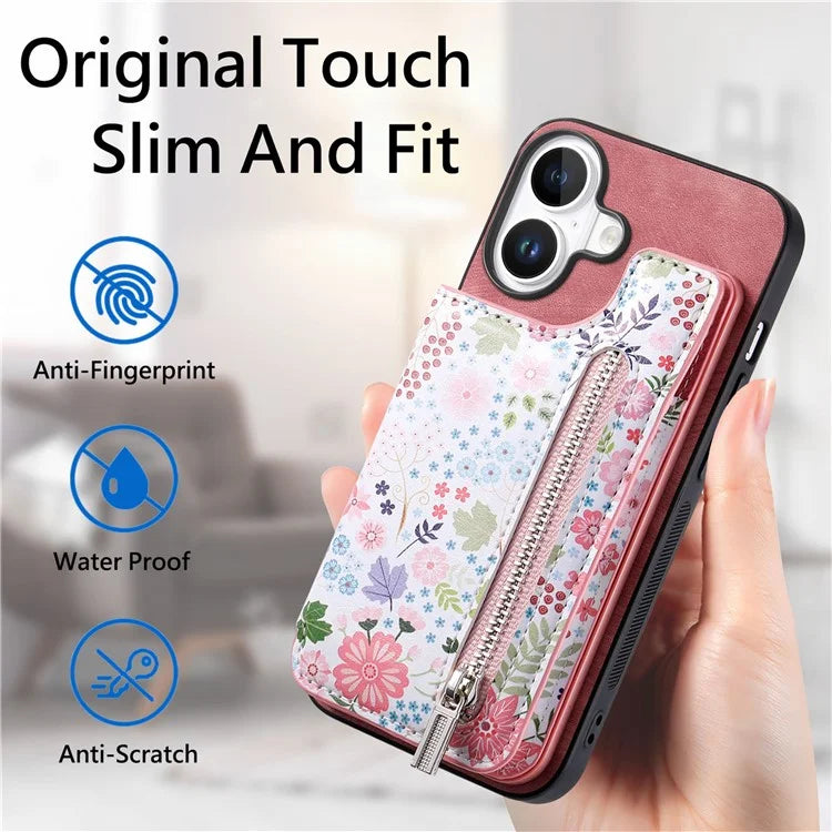 D10 For iPhone 16 Plus Case Pattern Kickstand Wallet Leather+TPU Phone Cover RFID Blocking
