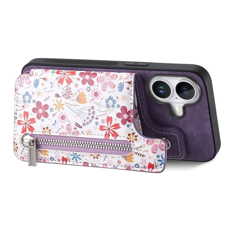 D10 For iPhone 16 Plus Case Pattern Kickstand Wallet Leather+TPU Phone Cover RFID Blocking
