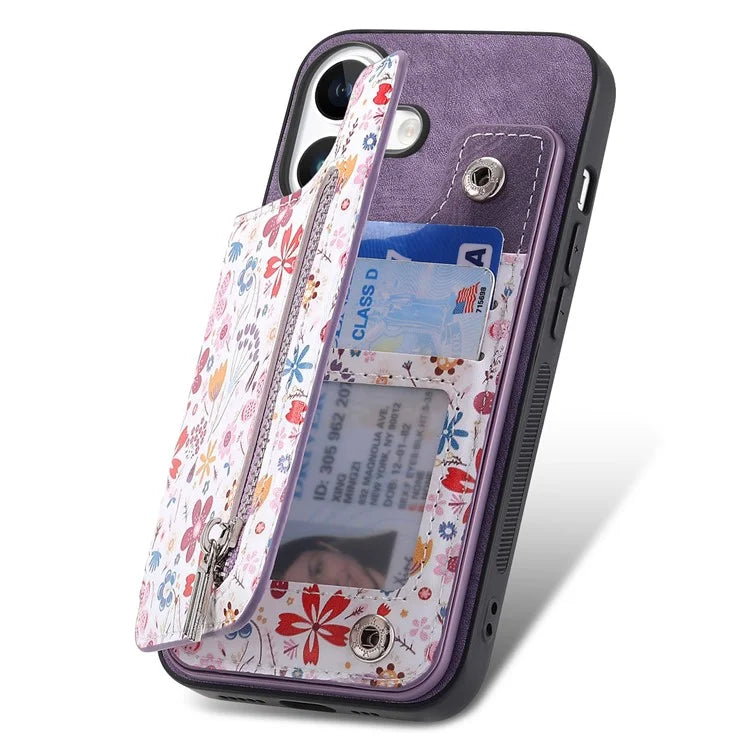 D10 For iPhone 16 Plus Case Pattern Kickstand Wallet Leather+TPU Phone Cover RFID Blocking