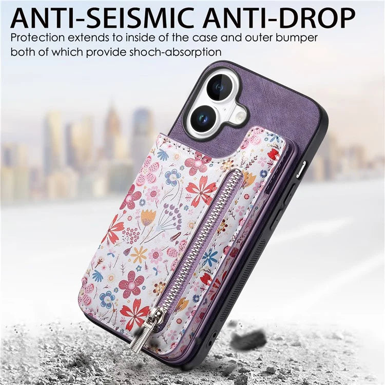 D10 For iPhone 16 Plus Case Pattern Kickstand Wallet Leather+TPU Phone Cover RFID Blocking