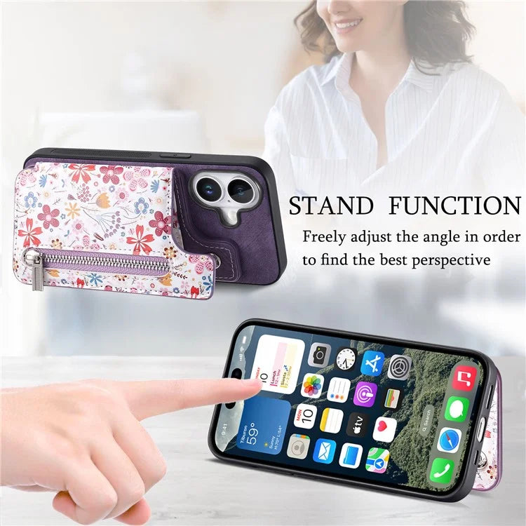 D10 For iPhone 16 Plus Case Pattern Kickstand Wallet Leather+TPU Phone Cover RFID Blocking