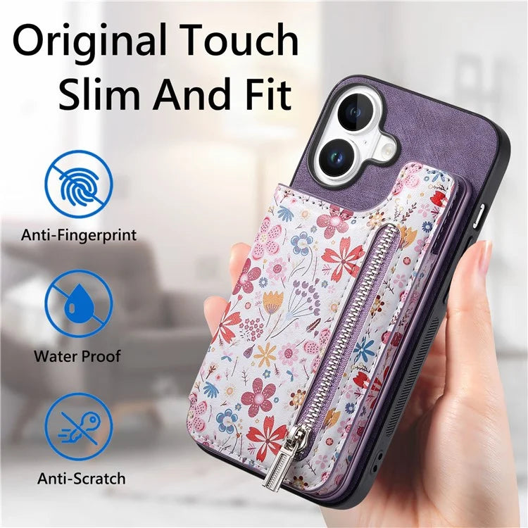 D10 For iPhone 16 Plus Case Pattern Kickstand Wallet Leather+TPU Phone Cover RFID Blocking