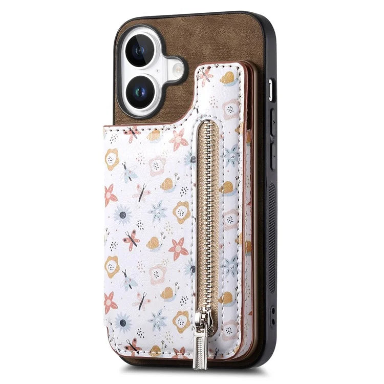 D10 For iPhone 16 Plus Case Pattern Kickstand Wallet Leather+TPU Phone Cover RFID Blocking