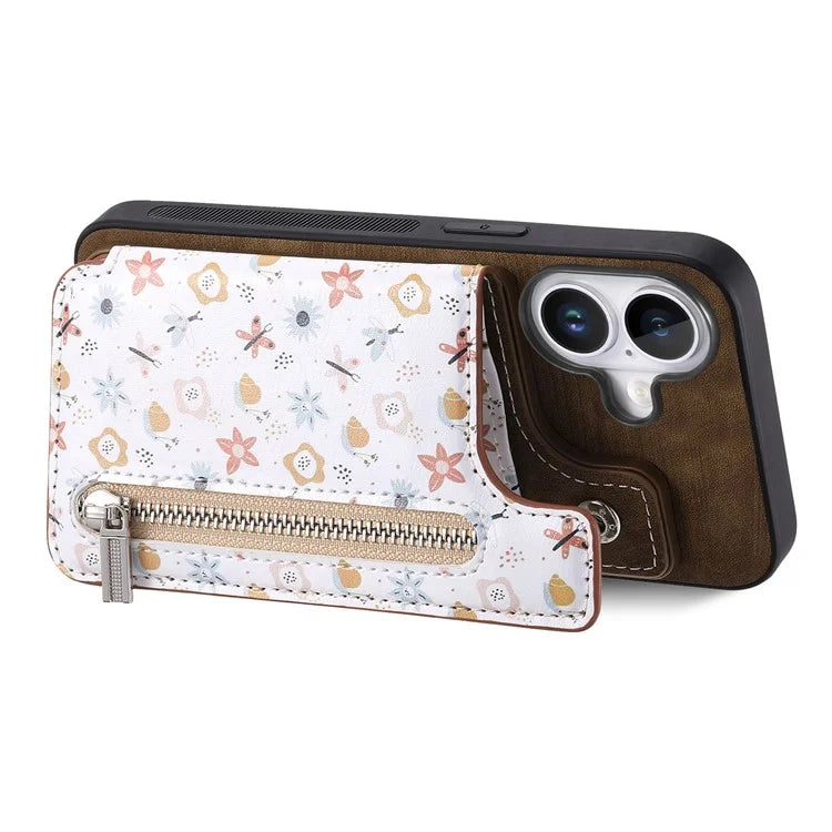 D10 For iPhone 16 Plus Case Pattern Kickstand Wallet Leather+TPU Phone Cover RFID Blocking