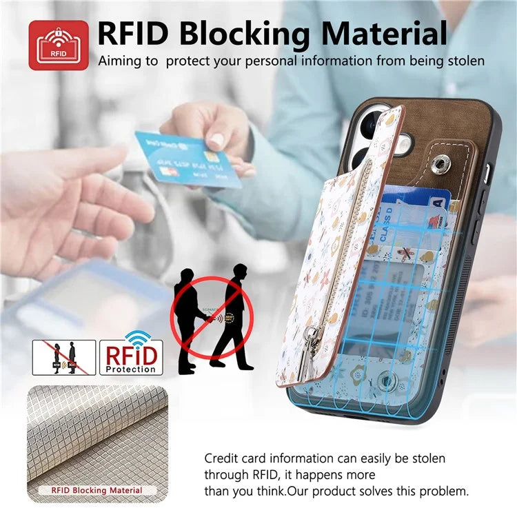 D10 For iPhone 16 Plus Case Pattern Kickstand Wallet Leather+TPU Phone Cover RFID Blocking