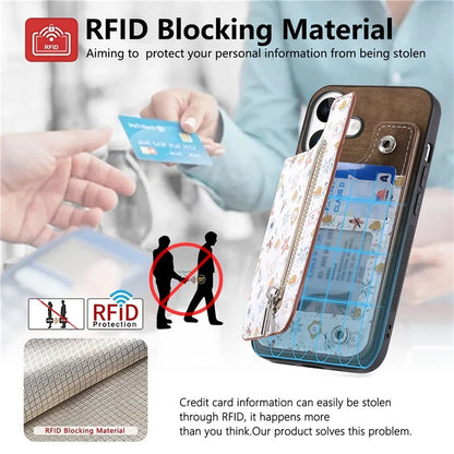 D10 For iPhone 16 Plus Case Pattern Kickstand Wallet Leather+TPU Phone Cover RFID Blocking