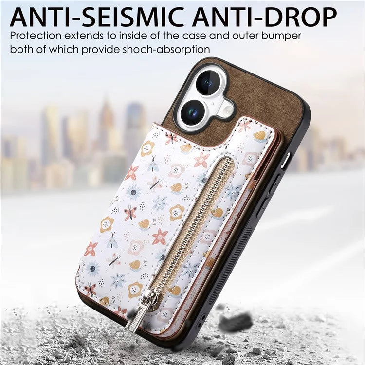 D10 For iPhone 16 Plus Case Pattern Kickstand Wallet Leather+TPU Phone Cover RFID Blocking