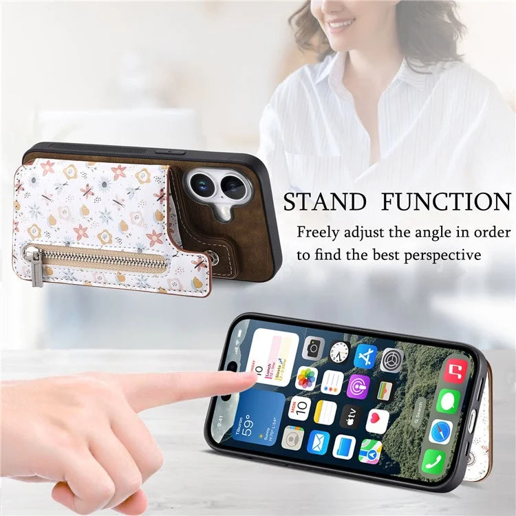 D10 For iPhone 16 Plus Case Pattern Kickstand Wallet Leather+TPU Phone Cover RFID Blocking