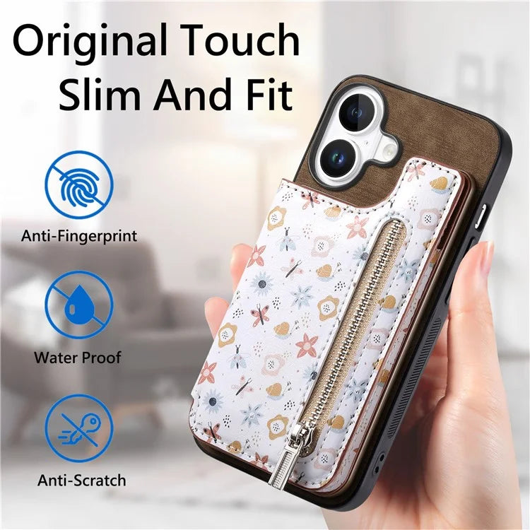 D10 For iPhone 16 Plus Case Pattern Kickstand Wallet Leather+TPU Phone Cover RFID Blocking