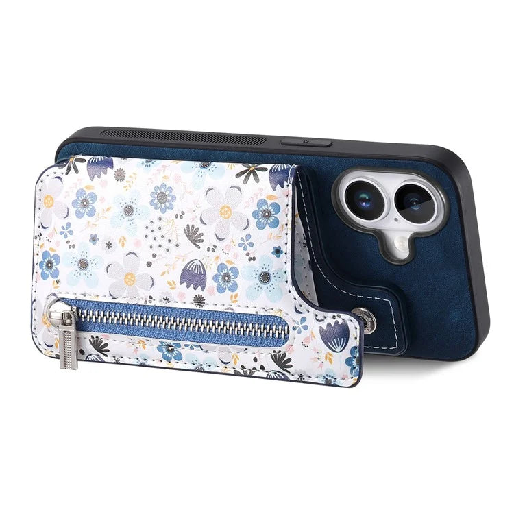 D10 For iPhone 16 Plus Case Pattern Kickstand Wallet Leather+TPU Phone Cover RFID Blocking