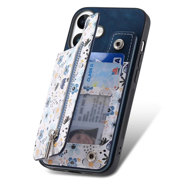 D10 For iPhone 16 Plus Case Pattern Kickstand Wallet Leather+TPU Phone Cover RFID Blocking