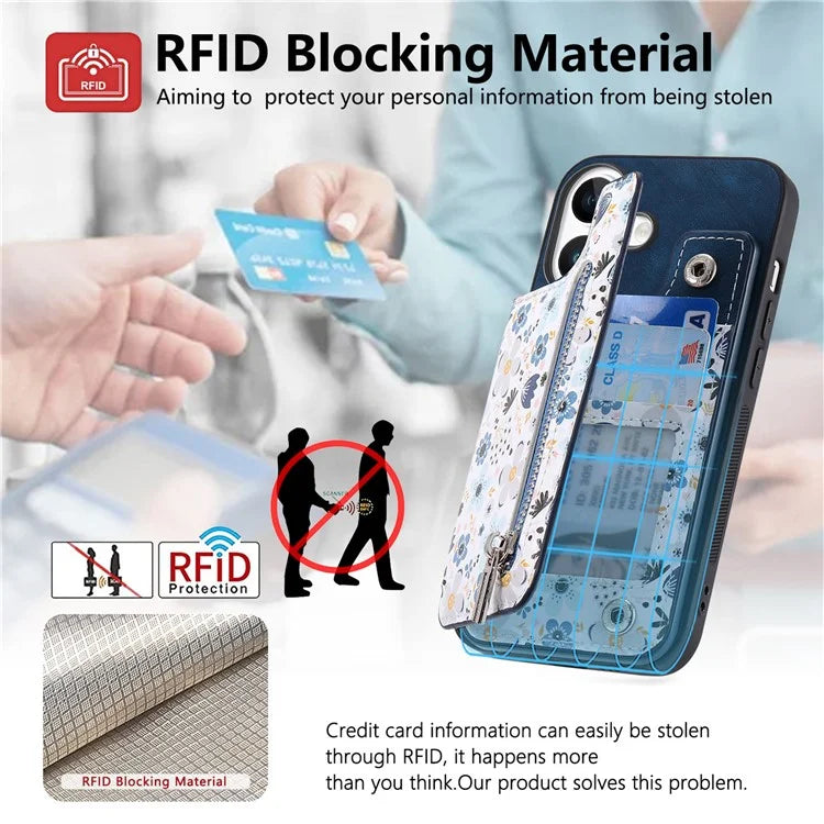 D10 For iPhone 16 Plus Case Pattern Kickstand Wallet Leather+TPU Phone Cover RFID Blocking