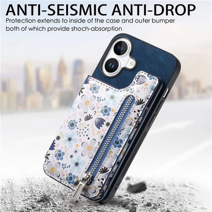 D10 For iPhone 16 Plus Case Pattern Kickstand Wallet Leather+TPU Phone Cover RFID Blocking