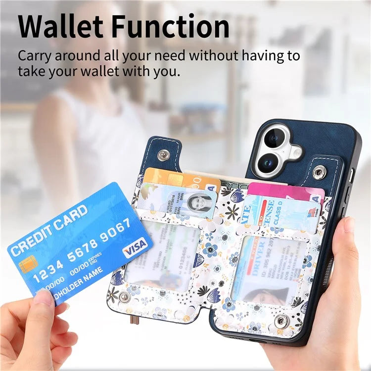 D10 For iPhone 16 Plus Case Pattern Kickstand Wallet Leather+TPU Phone Cover RFID Blocking