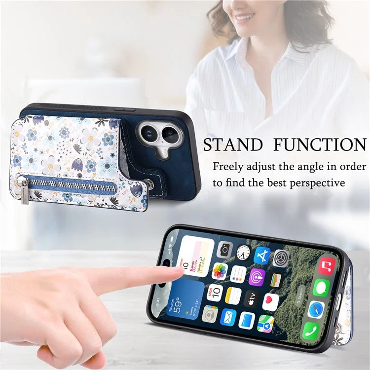 D10 For iPhone 16 Plus Case Pattern Kickstand Wallet Leather+TPU Phone Cover RFID Blocking