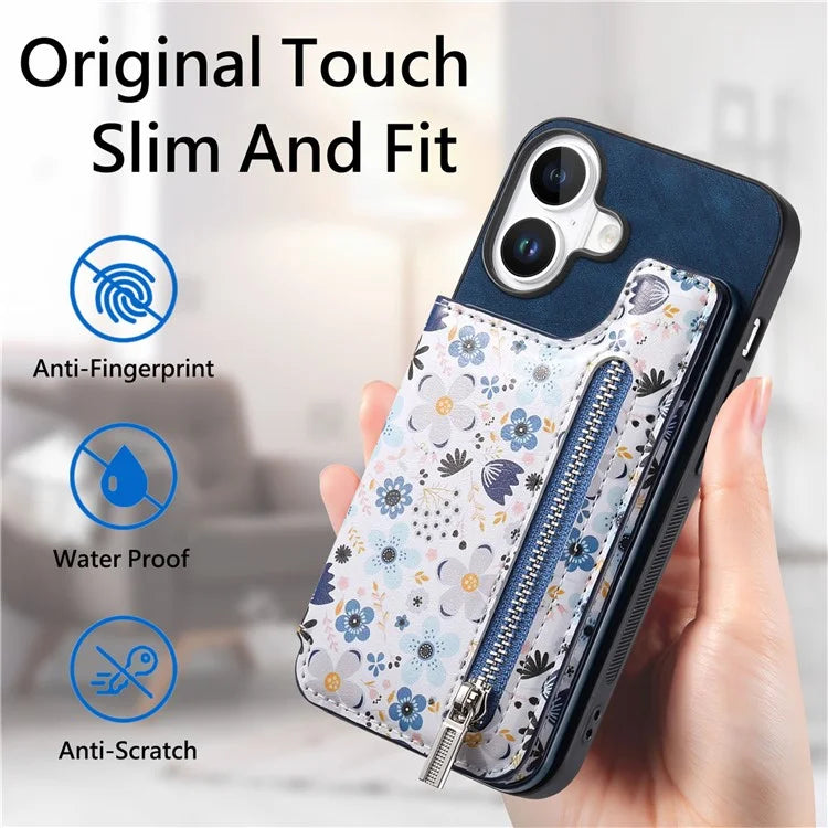 D10 For iPhone 16 Plus Case Pattern Kickstand Wallet Leather+TPU Phone Cover RFID Blocking
