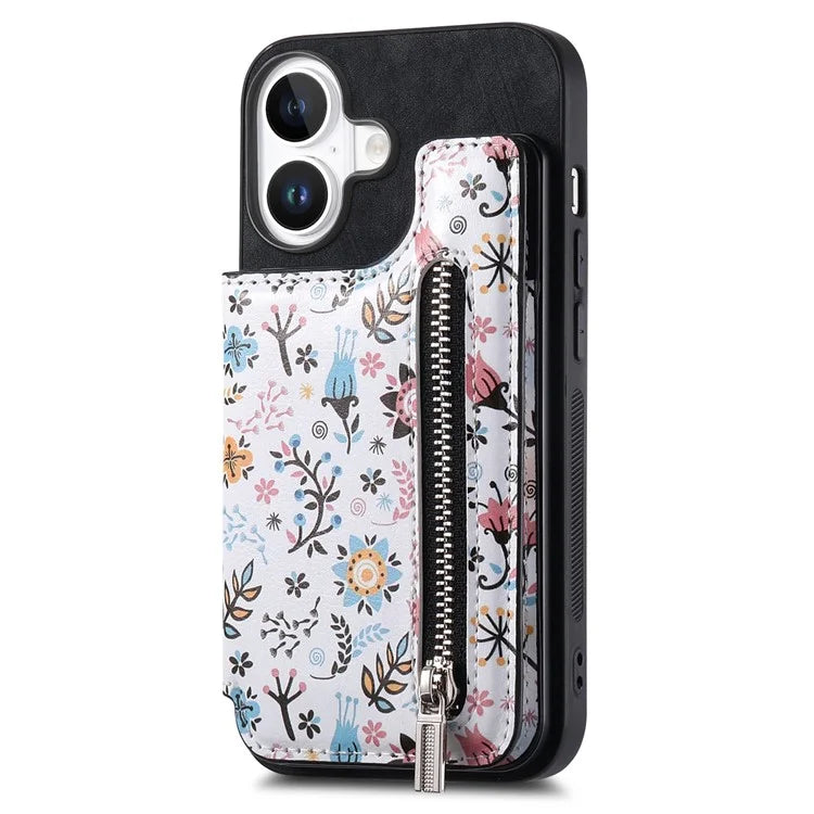 D10 For iPhone 16 Plus Case Pattern Kickstand Wallet Leather+TPU Phone Cover RFID Blocking