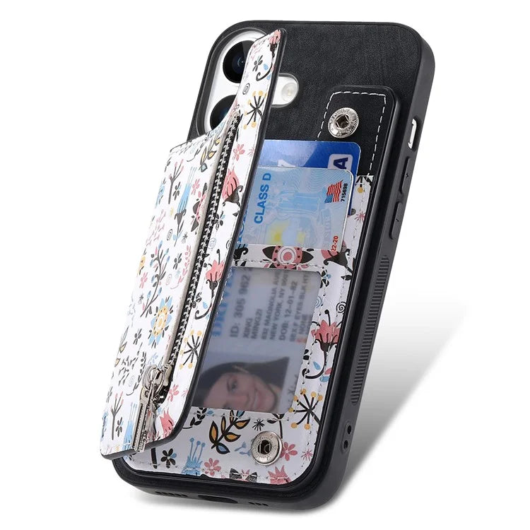 D10 For iPhone 16 Plus Case Pattern Kickstand Wallet Leather+TPU Phone Cover RFID Blocking