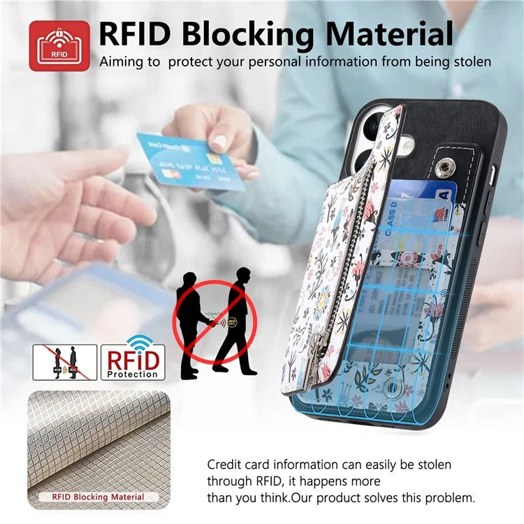 D10 For iPhone 16 Plus Case Pattern Kickstand Wallet Leather+TPU Phone Cover RFID Blocking