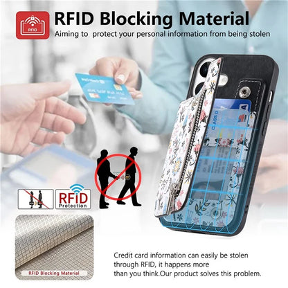 D10 For iPhone 16 Plus Case Pattern Kickstand Wallet Leather+TPU Phone Cover RFID Blocking