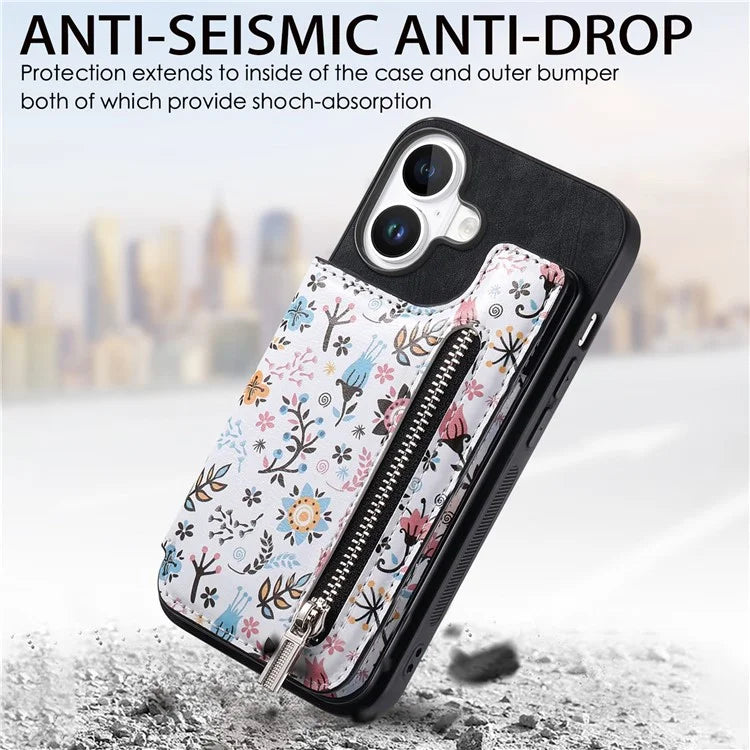 D10 For iPhone 16 Plus Case Pattern Kickstand Wallet Leather+TPU Phone Cover RFID Blocking