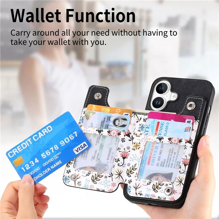 D10 For iPhone 16 Plus Case Pattern Kickstand Wallet Leather+TPU Phone Cover RFID Blocking