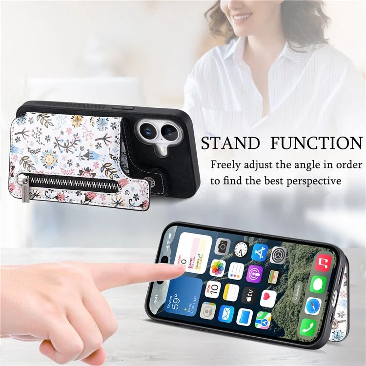 D10 For iPhone 16 Plus Case Pattern Kickstand Wallet Leather+TPU Phone Cover RFID Blocking