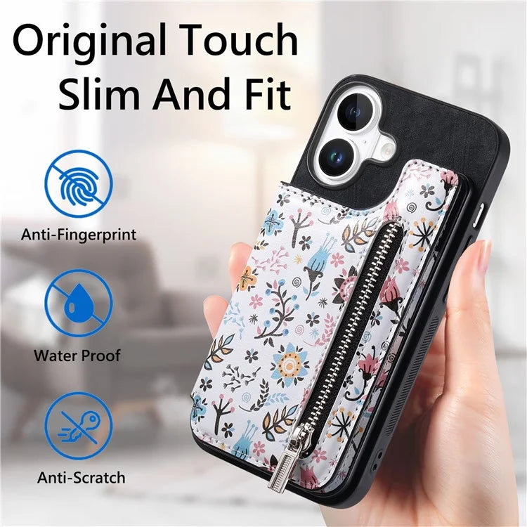 D10 For iPhone 16 Plus Case Pattern Kickstand Wallet Leather+TPU Phone Cover RFID Blocking