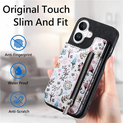 D10 For iPhone 16 Plus Case Pattern Kickstand Wallet Leather+TPU Phone Cover RFID Blocking