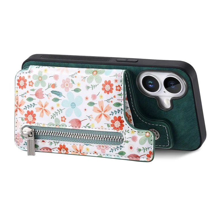 D10 For iPhone 16 Plus Case Pattern Kickstand Wallet Leather+TPU Phone Cover RFID Blocking