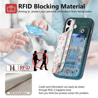 D10 For iPhone 16 Plus Case Pattern Kickstand Wallet Leather+TPU Phone Cover RFID Blocking