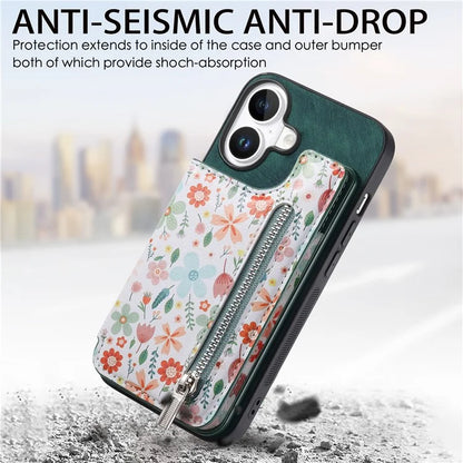 D10 For iPhone 16 Plus Case Pattern Kickstand Wallet Leather+TPU Phone Cover RFID Blocking