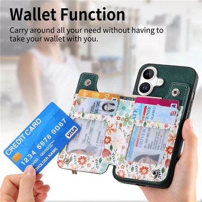 D10 For iPhone 16 Plus Case Pattern Kickstand Wallet Leather+TPU Phone Cover RFID Blocking