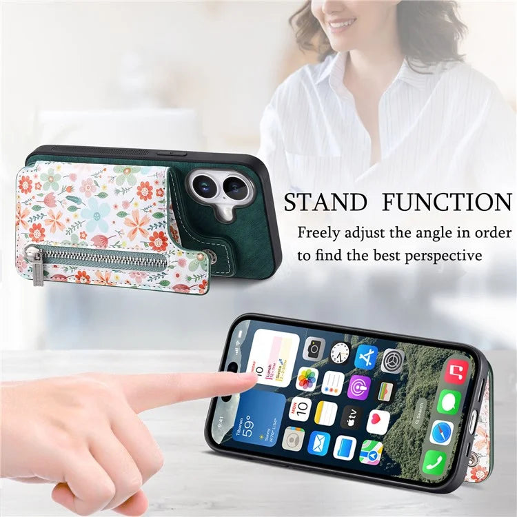 D10 For iPhone 16 Plus Case Pattern Kickstand Wallet Leather+TPU Phone Cover RFID Blocking