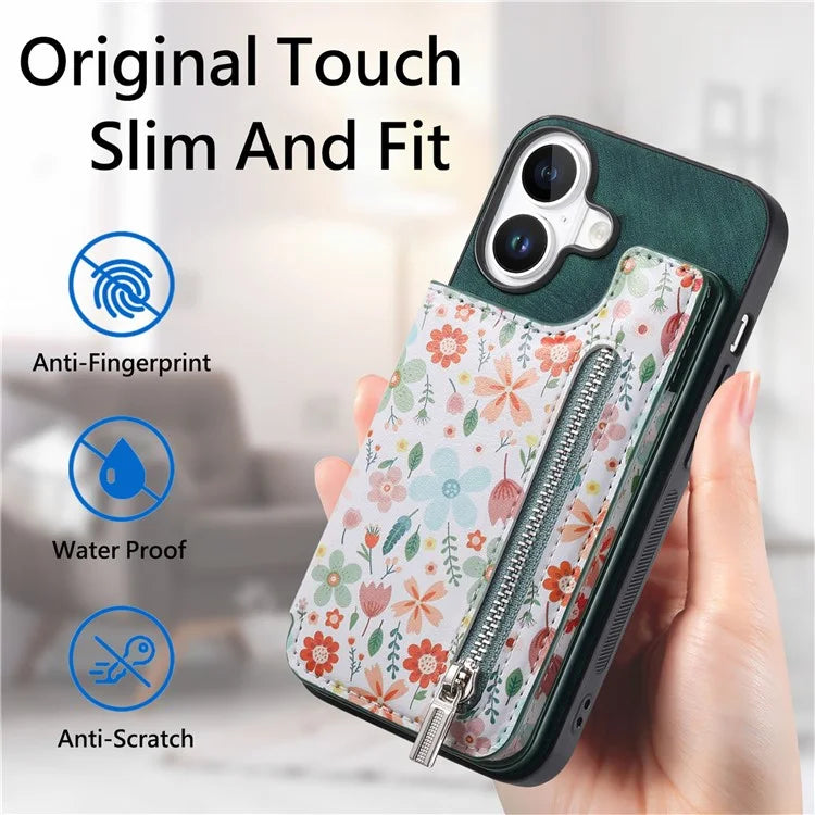 D10 For iPhone 16 Plus Case Pattern Kickstand Wallet Leather+TPU Phone Cover RFID Blocking