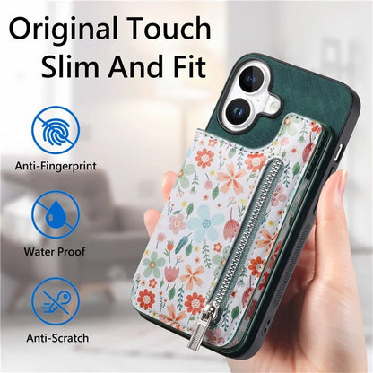 D10 For iPhone 16 Plus Case Pattern Kickstand Wallet Leather+TPU Phone Cover RFID Blocking